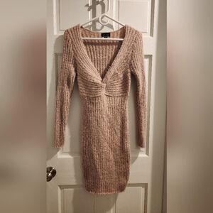 Say What? Twist-Front Ribbed Long Sleeve Dress - Taupe